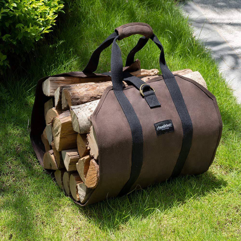 Angel Sar Dark Brown Waxed Canvas Firewood Carrier Bag - Large Log Tote for Indoor/Outdoor Use
