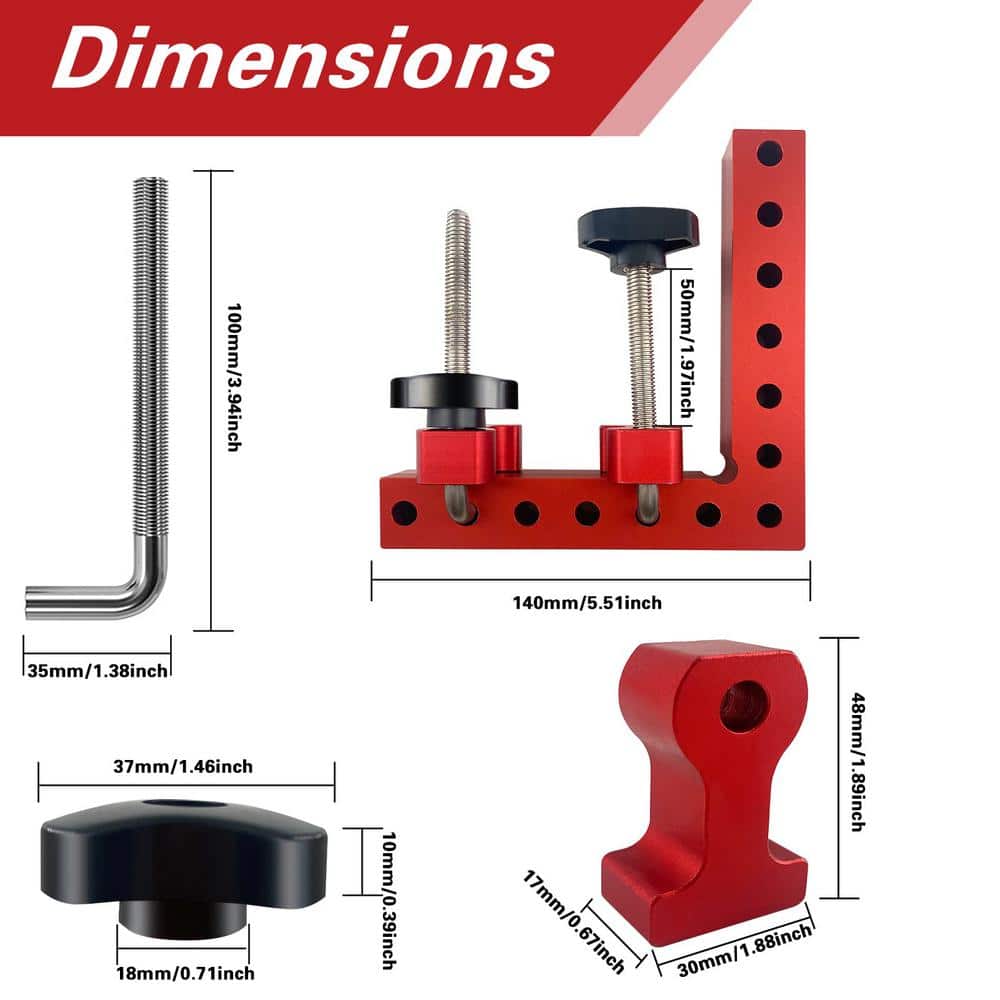 Angel Sar 4-Pack 90 Degree Carpenter Positioning Right Angle Clamps, 5.5 in Profession Woodworking Lumber Accessories (Red)