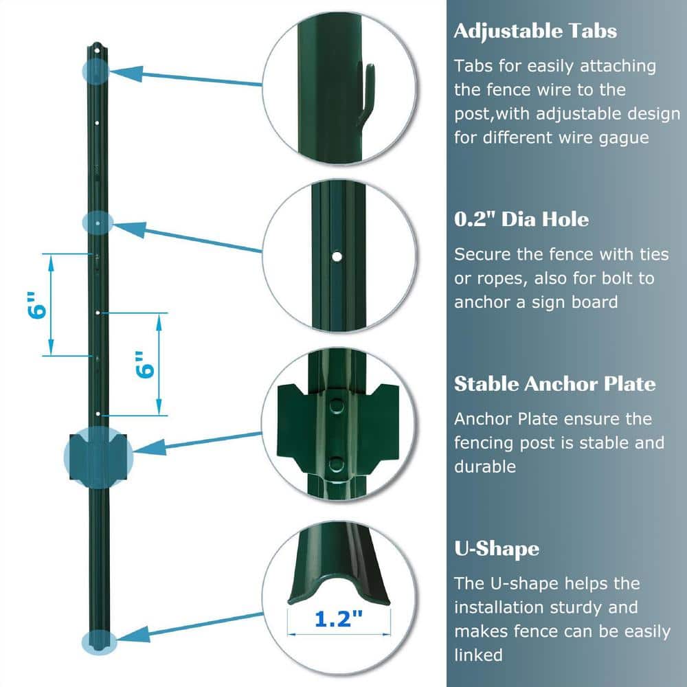 Angel Sar 60 in. x 1.2 in. x 1.2 in. Metal Fence Post U Post Green for Garden Wire Fence Steel Garden Post Sign Post (10-Pack)