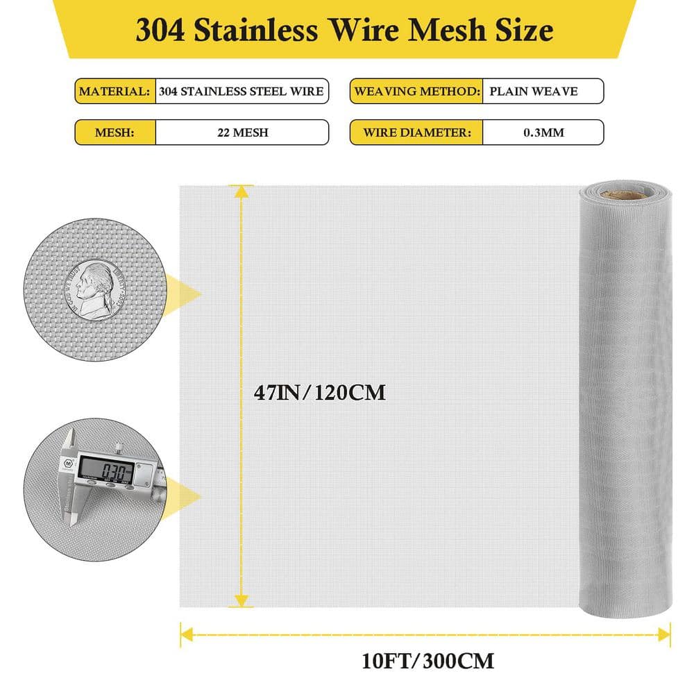 Angel Sar 47 in. x 10 ft. 304 Stainless Steel Woven Wire Mesh, Window Screen Mesh for Screen Replacement Attic Air Vent Cover