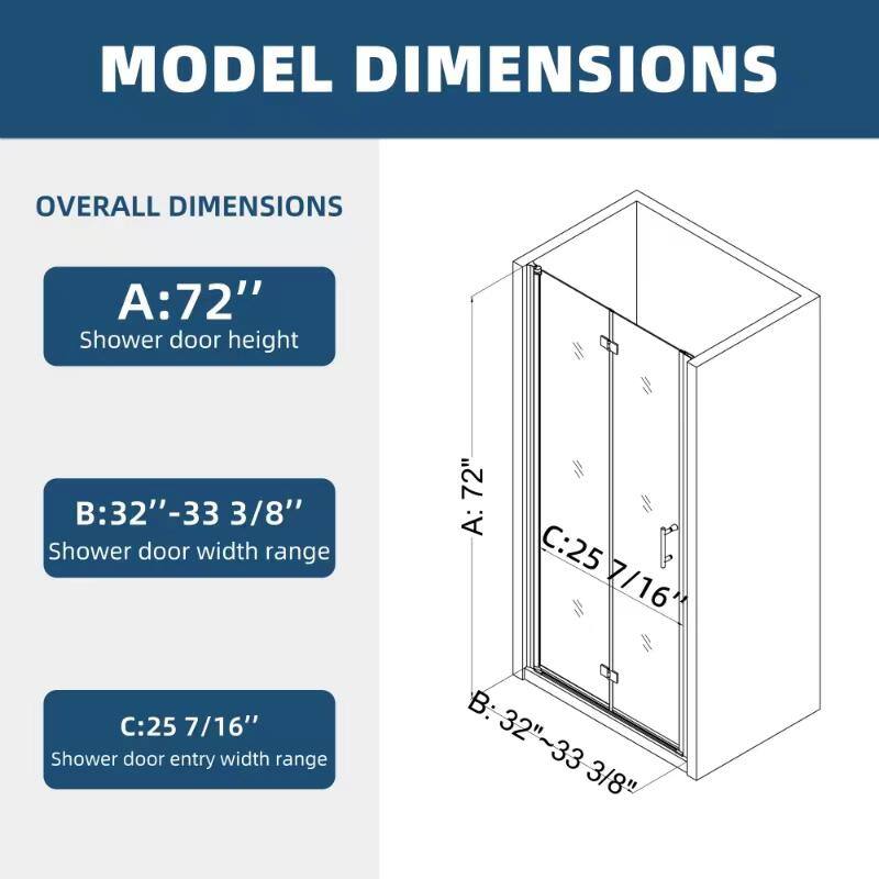 ANGELES HOME 32-33 3/8 in. W x 72 in. H Bi-Fold Semi-Frameless Shower Door in Chrome Finish with 1/4 in. Tempered Clear Glass