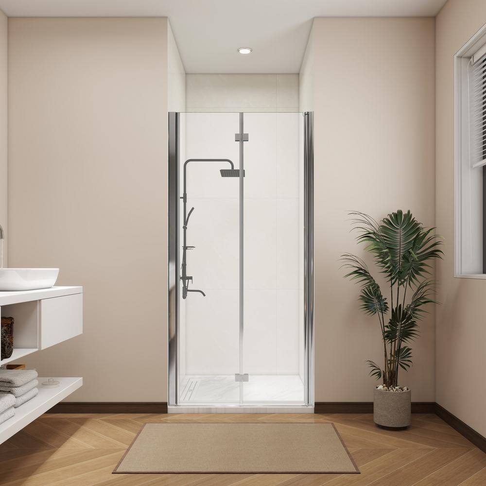ANGELES HOME 32-33 3/8 in. W x 72 in. H Bi-Fold Semi-Frameless Shower Door in Chrome Finish with 1/4 in. Tempered Clear Glass