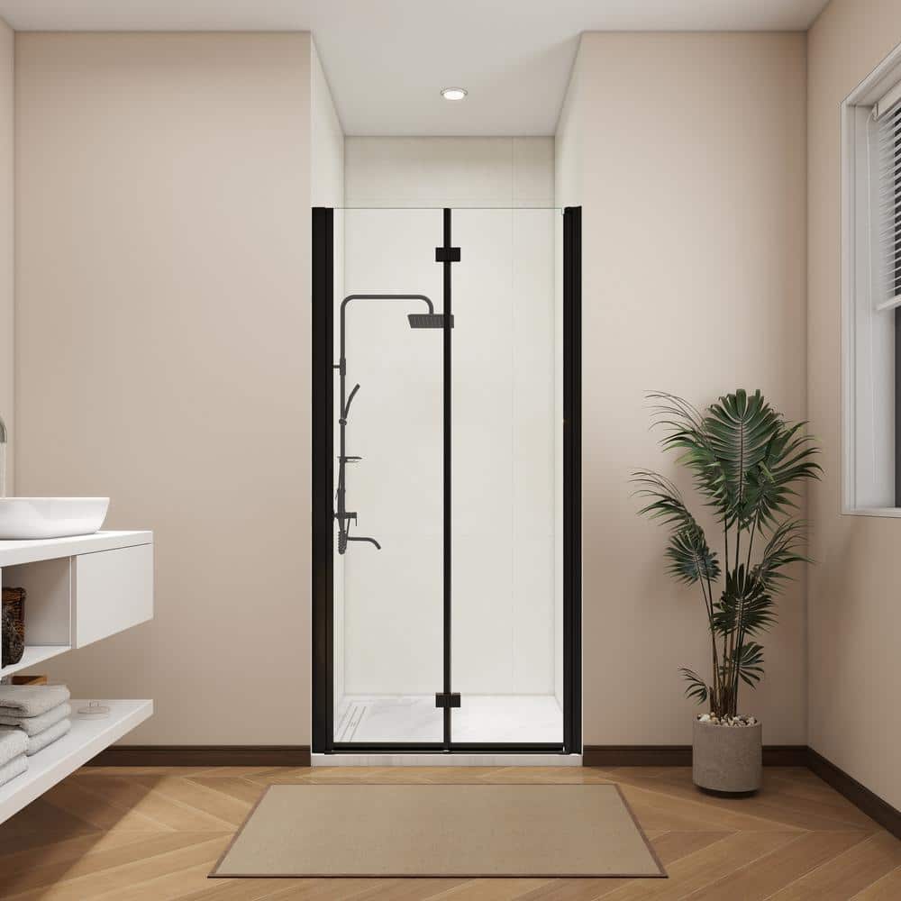 ANGELES HOME 34-35 3/8 in. W x 72 in. H Bi-Fold Semi-Frameless Shower Door in Matte Black Finish with 1/4 in. Tempered Clear Glass