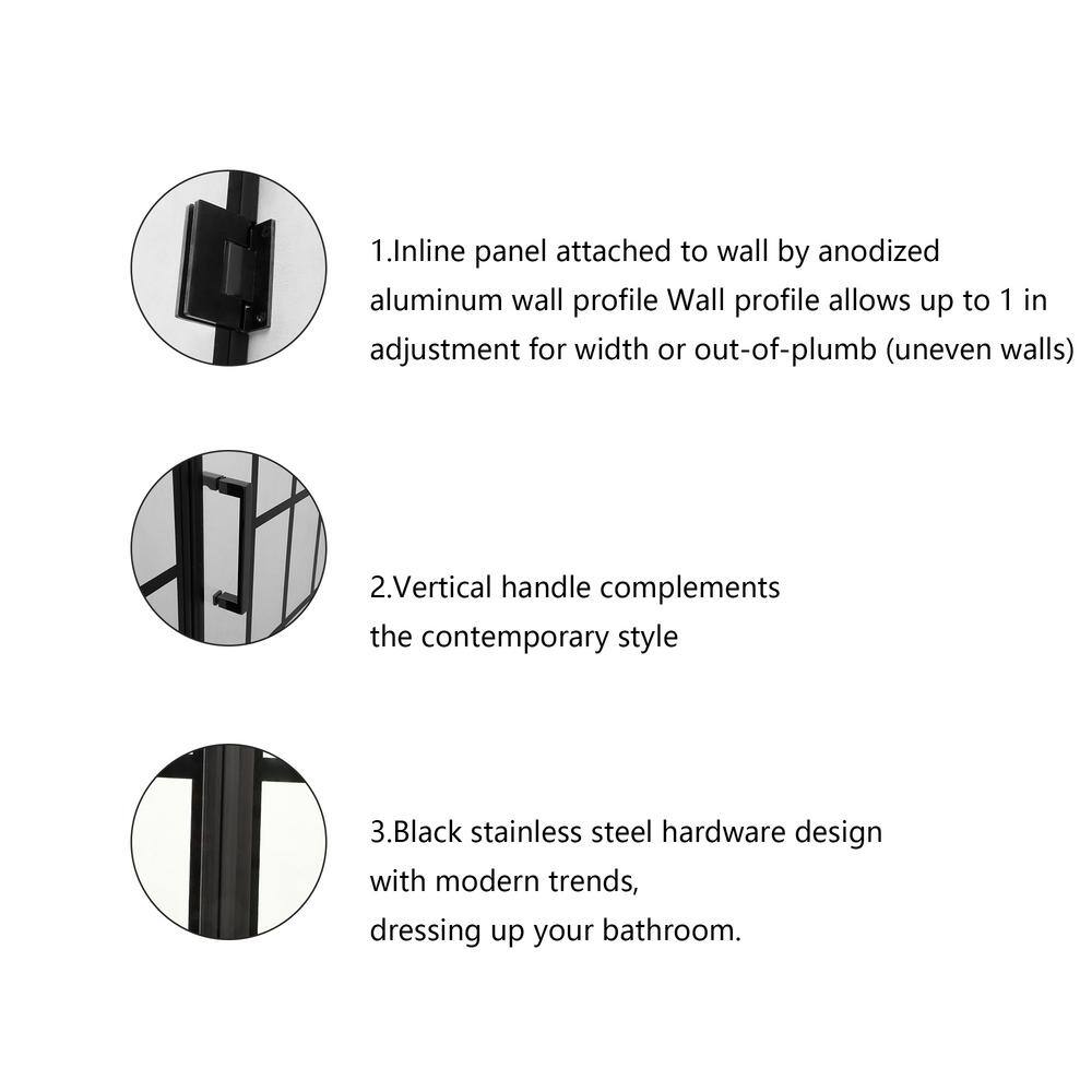 ANGELES HOME 34 in. W x 72 in. H Pivot Frameless Shower Door in Matte Black with Pattern Glass