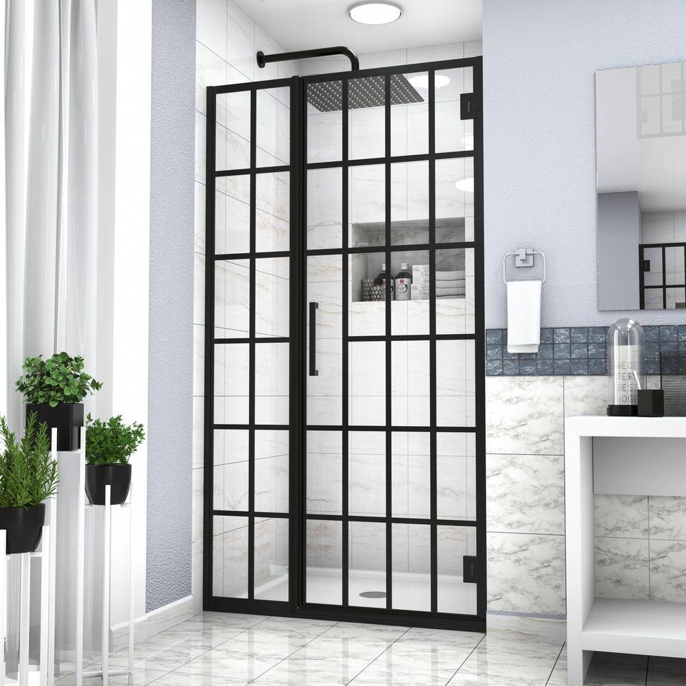 ANGELES HOME 34 in. W x 72 in. H Pivot Frameless Shower Door in Matte Black with Pattern Glass