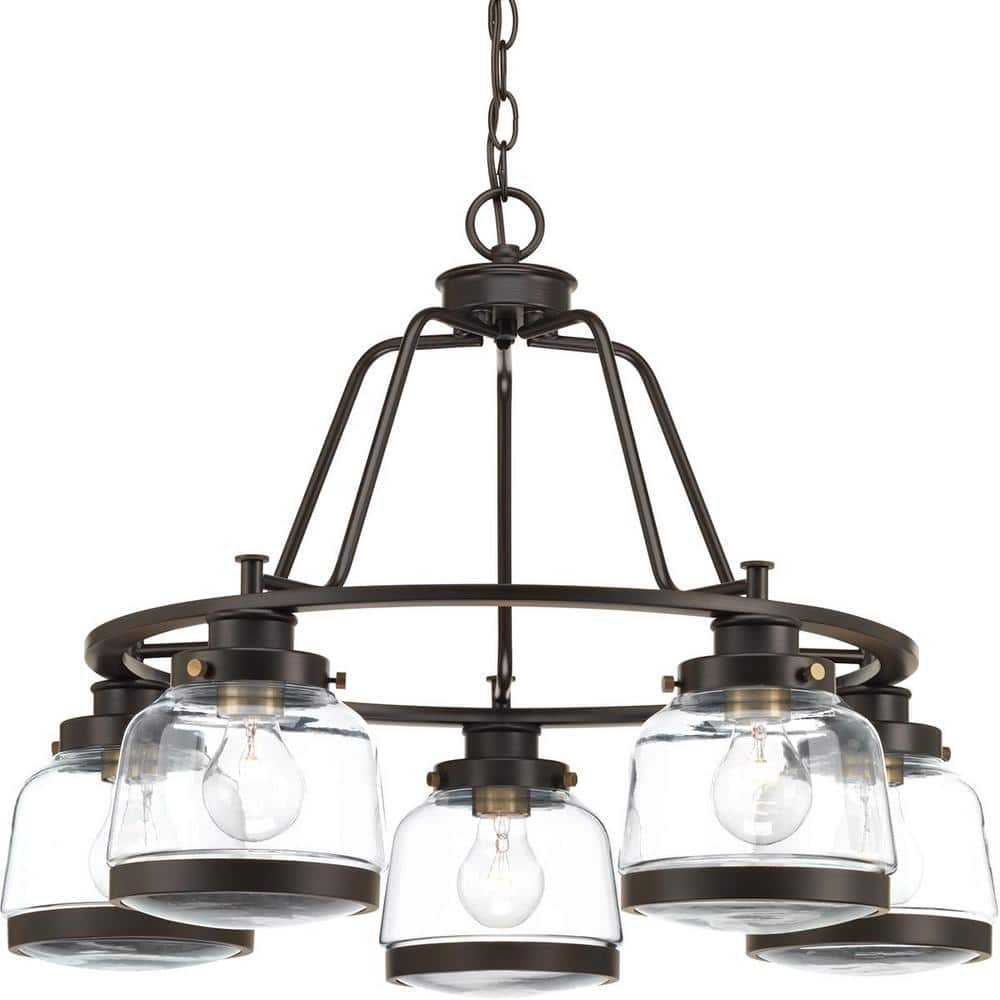 Progress Lighting Judson Collection 26 in. 5-Light Antique Bronze Clear Glass Farmhouse Chandelier Dining Room Light