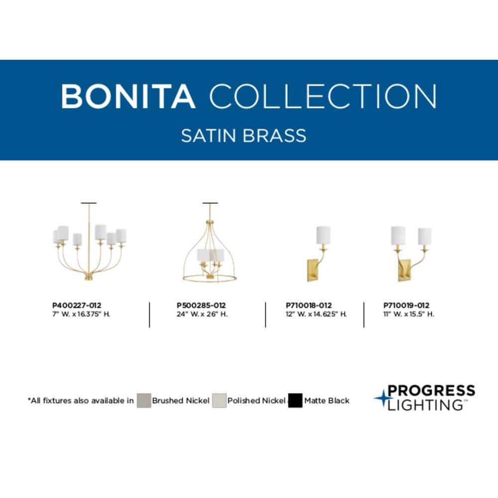 Progress Lighting Bonita Collection 6-Light Satin Brass White Linen Fabric Shade Luxe Chandelier Light
