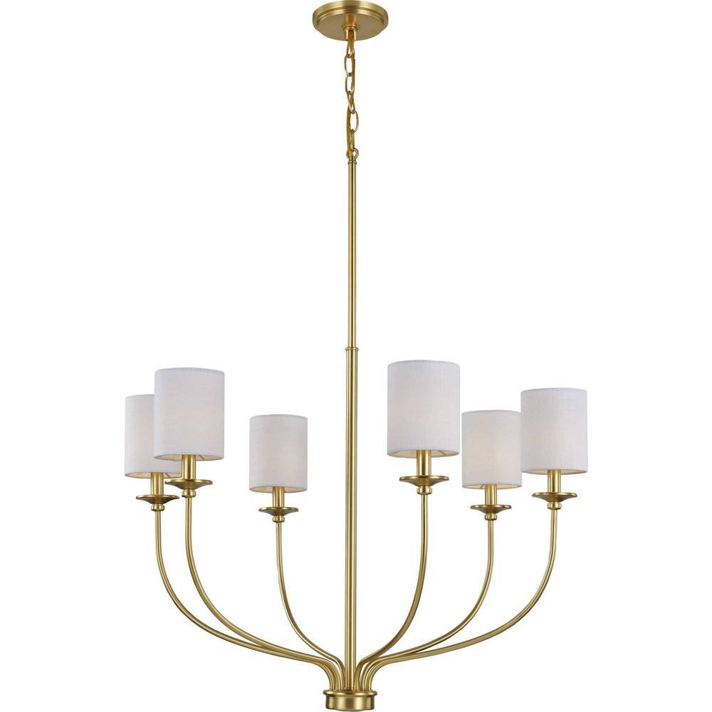 Progress Lighting Bonita Collection 6-Light Satin Brass White Linen Fabric Shade Luxe Chandelier Light
