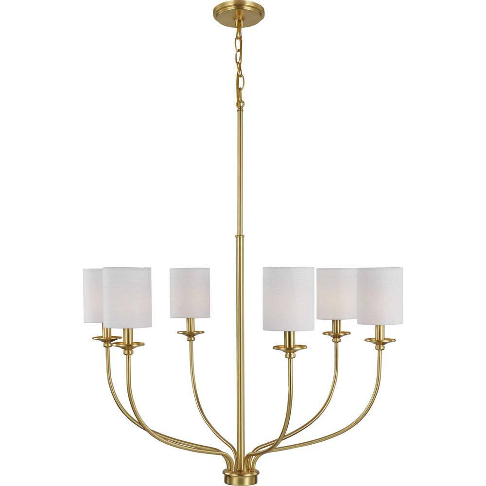 Progress Lighting Bonita Collection 6-Light Satin Brass White Linen Fabric Shade Luxe Chandelier Light