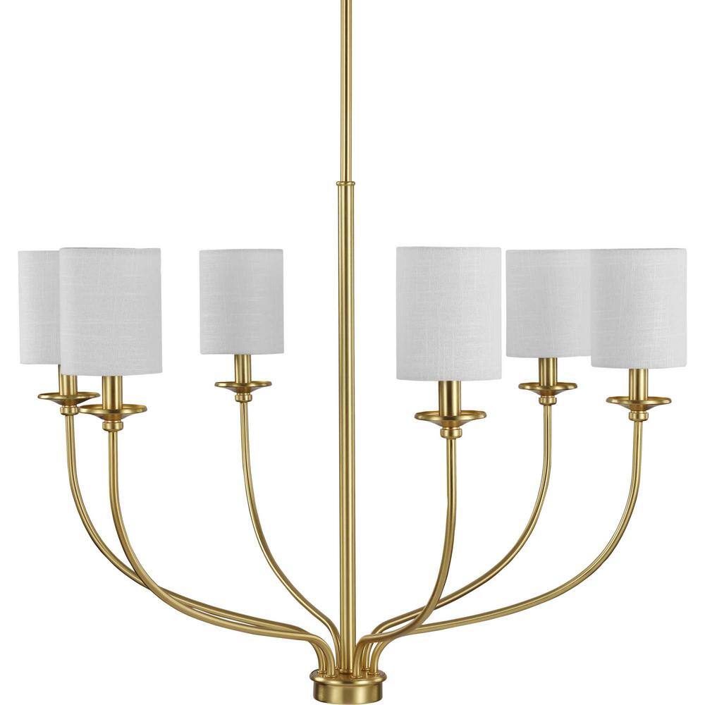 Progress Lighting Bonita Collection 6-Light Satin Brass White Linen Fabric Shade Luxe Chandelier Light