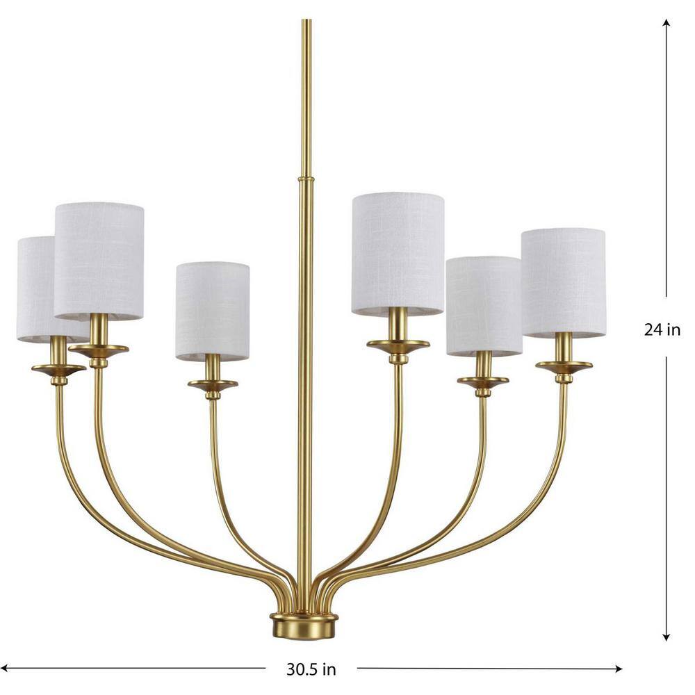 Progress Lighting Bonita Collection 6-Light Satin Brass White Linen Fabric Shade Luxe Chandelier Light