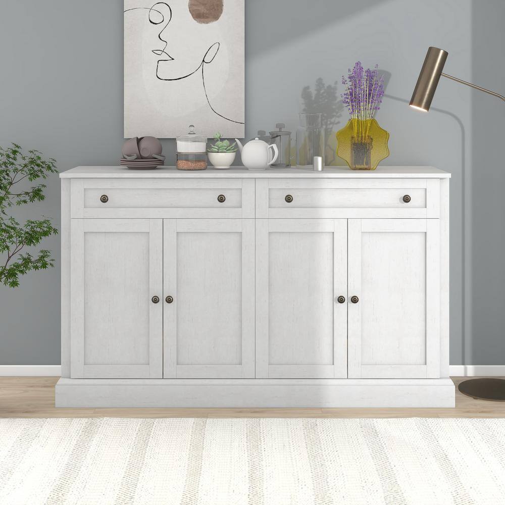 Runesay 60 in. W x 15.7 in. D x 33.9 in. H Antique White MDF Ready to Assemble Kitchen Cabinet Sideboard with Drawers and Doors