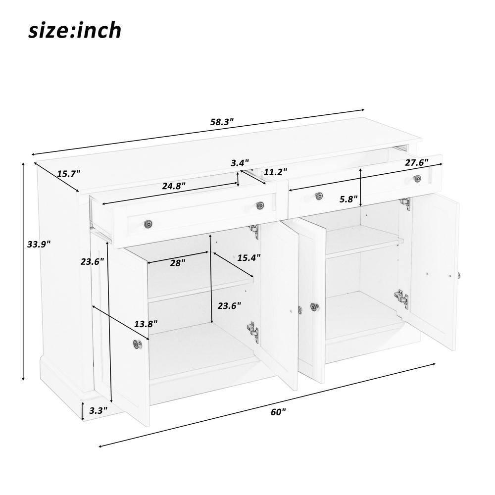 Runesay 60 in. W x 15.7 in. D x 33.9 in. H Antique White MDF Ready to Assemble Kitchen Cabinet Sideboard with Drawers and Doors
