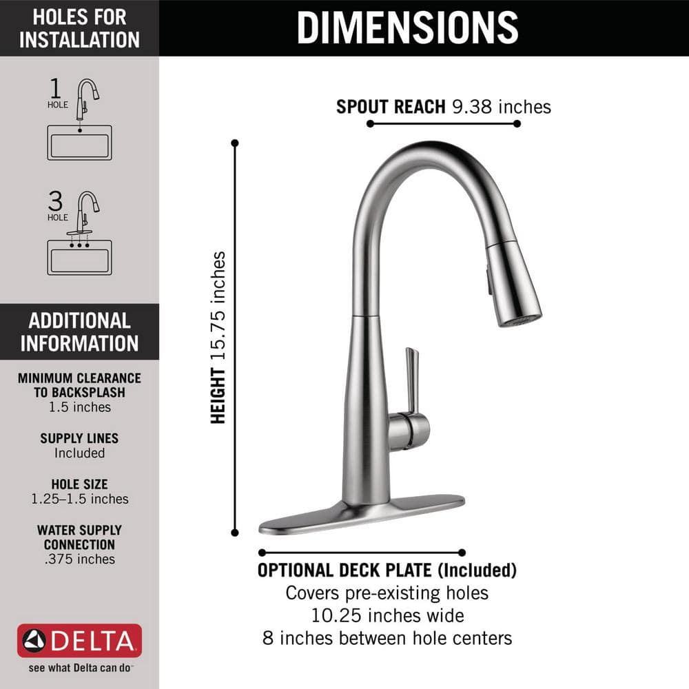 Delta Essa Arctic Stainless Single-Handle Deck-Mount Pull-Down Kitchen Faucet, 15.75 in Height, 9.38 in Spout Reach