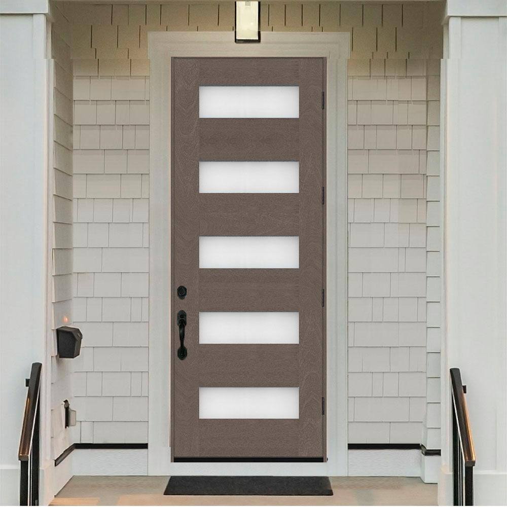 Steves & Sons Regency 36 in. x 96 in. 5-Lite Modern Frosted Glass LH Outswing Ashwood-Stained Fiberglass Prehung Front Door