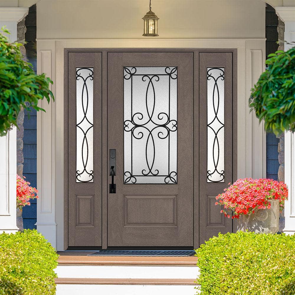 Steves & Sons Regency 64 in. x 80 in. 3/4 Lite Georgian Decorative Glass RHOS Ashwood Mahogany Fiberglass Prehung Front Door with 12 in. Sidelites