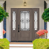 Steves & Sons Regency 64 in. x 80 in. 3/4 Lite Georgian Decorative Glass RHOS Ashwood Mahogany Fiberglass Prehung Front Door with 12 in. Sidelites