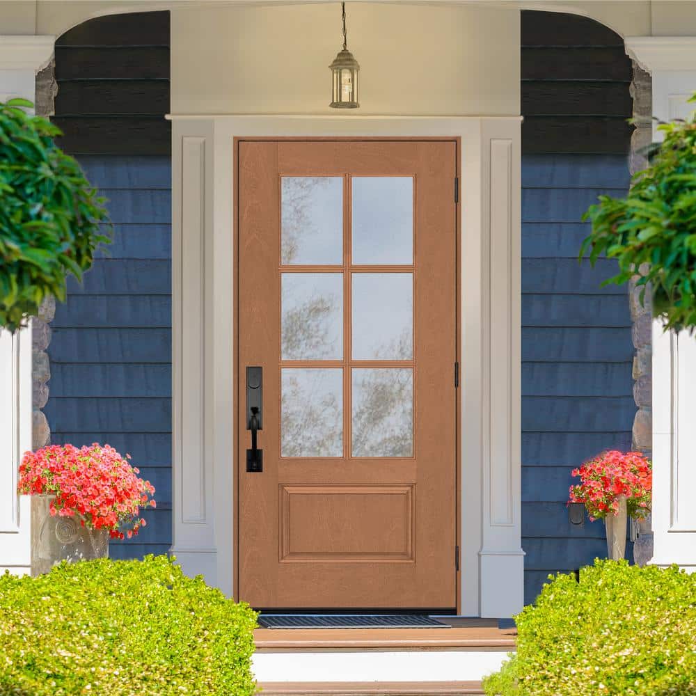 Steves & Sons Regency 36 in. x 80 in. 3/4-6 Lite Clear Glass LHOS Autumn Wheat Stain Mahogany Fiberglass Prehung Front Door