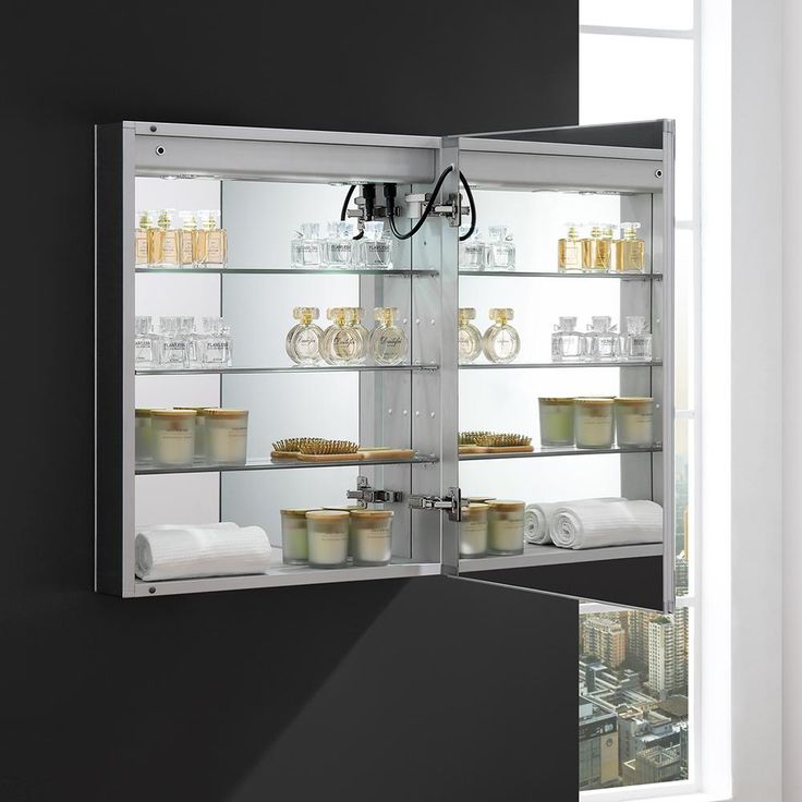 Spazio 24 in. W x 30 in. H Recessed or Surface Mount Medicine Cabinet with LED Lighting, Mirror Defogger and Right Hinge