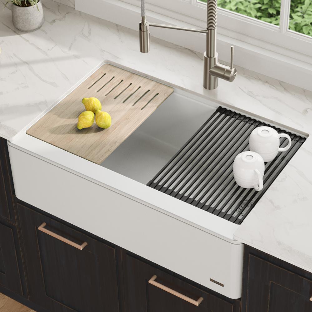 Bellucci 33in. CeramTek Granite/Quartz Composite Farmhouse ApronFront Single Bowl Kitchen Sink w/ Cutting Board in White - Super Arbor