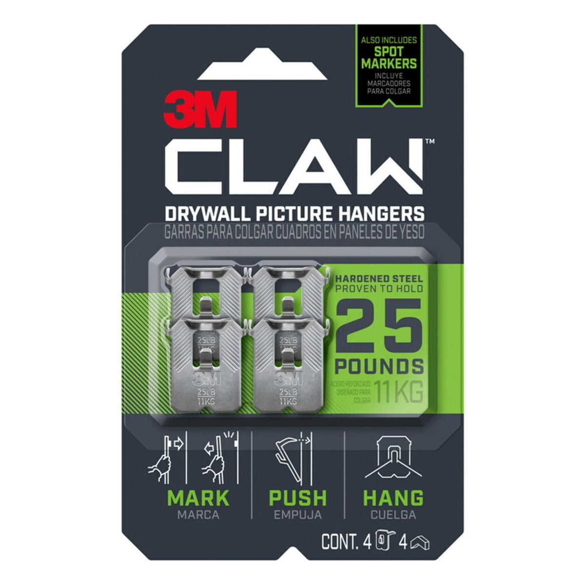 3M Claw Silver Drywall Picture Hanger, 25 lb Capacity, 4-Pack