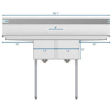 Freestanding Stainless Steel 56 in. 2-Hole Double Bowl Commercial Kitchen Sink