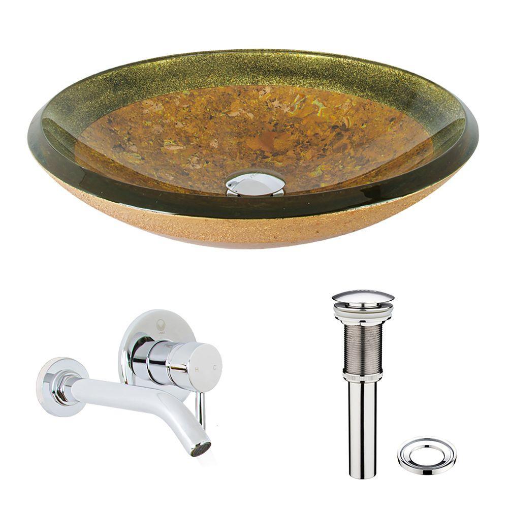 Onyx Glass Vessel Bathroom Sink in Gray with Olus Faucet in Matte Gold - Super Arbor