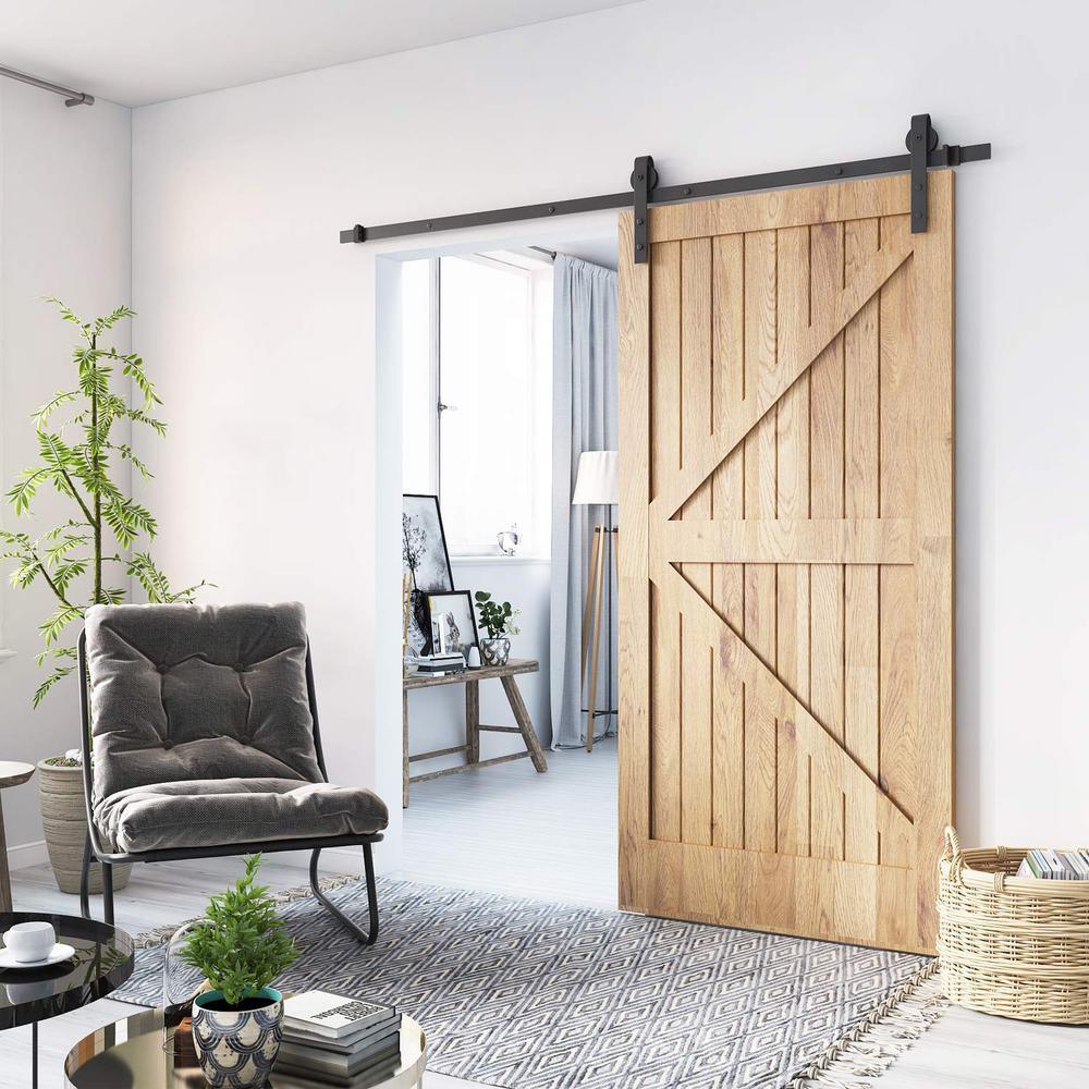 5 ft./60 in. Black Steel Bent Strap Sliding Barn Door Track and Hardware Kit for Single with Floor Guide - Super Arbor