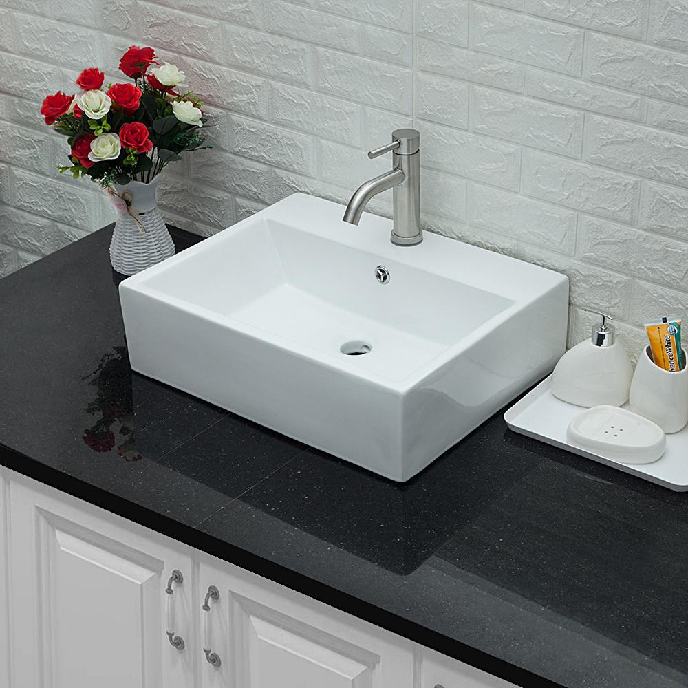 Rectangle Ceramic Bathroom Vessel Sink in White with Faucet Hole - Super Arbor