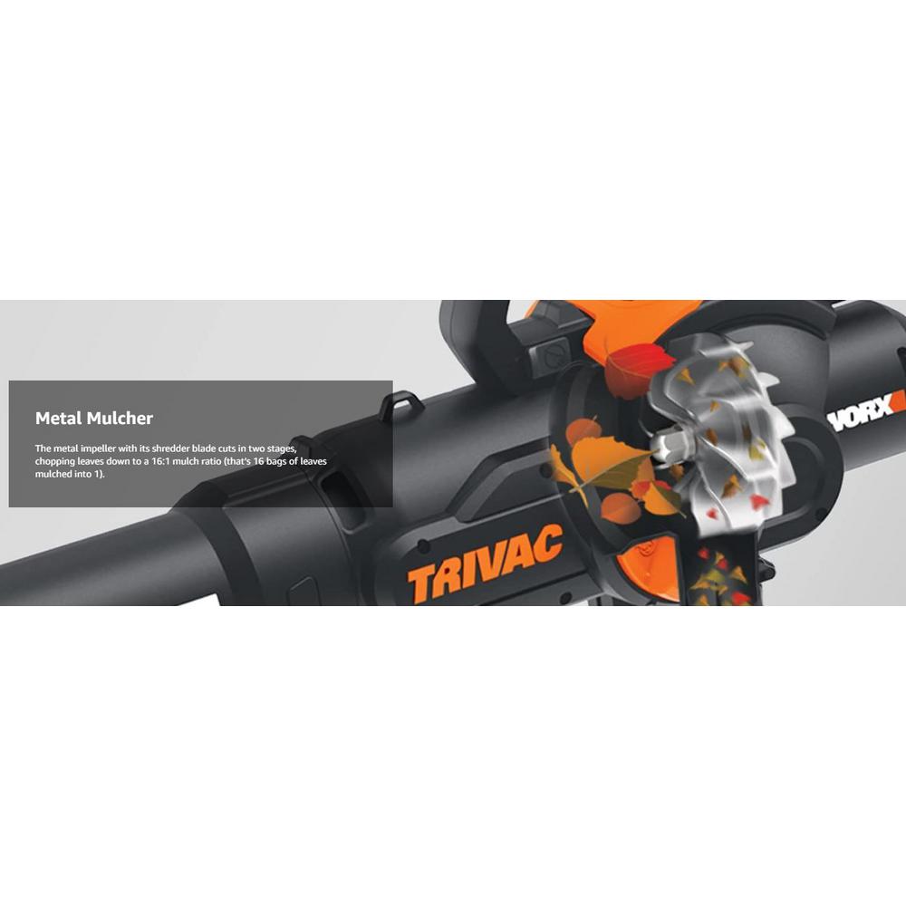 Worx TRIVAC 2.0 70 MPH 600 CFM Electric 12 Amp 3-in-1 Blower, Mulcher, Yard and Lawn Vacuum with Metal Impeller - Super Arbor