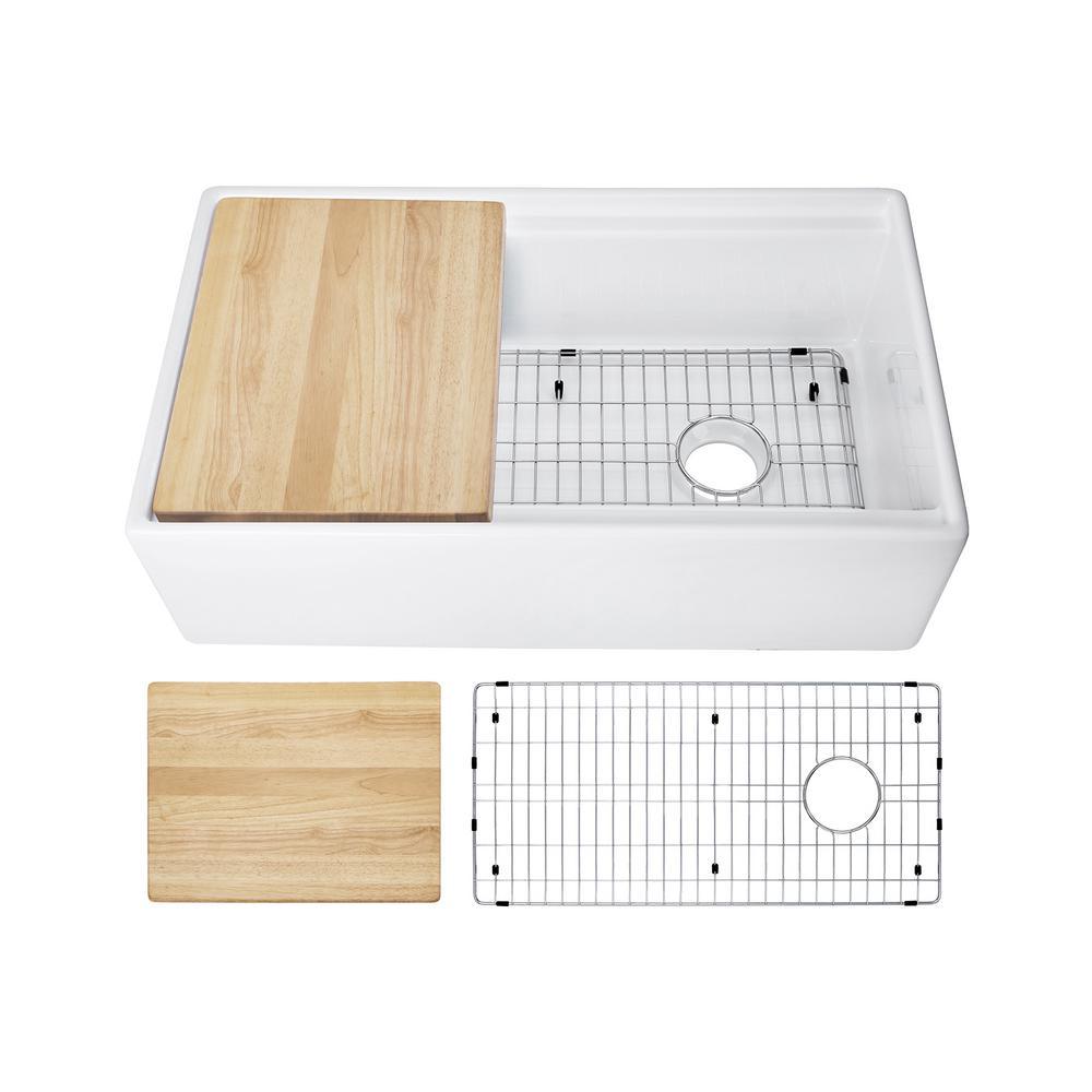 Fireclay 33 in. Single Bowl Farmhouse Apron Front Reversible Kitchen Sink in White with Cutting Board and Grid - Super Arbor