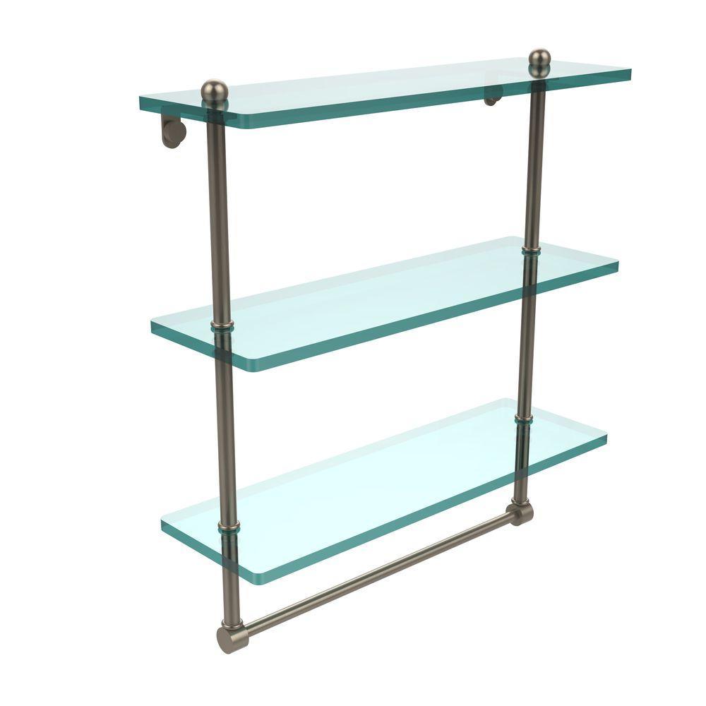 16 in. L  x 18 in. H  x 5 in. W 3-Tier Clear Glass Bathroom Shelf with Towel Bar in Satin Nickel - Super Arbor