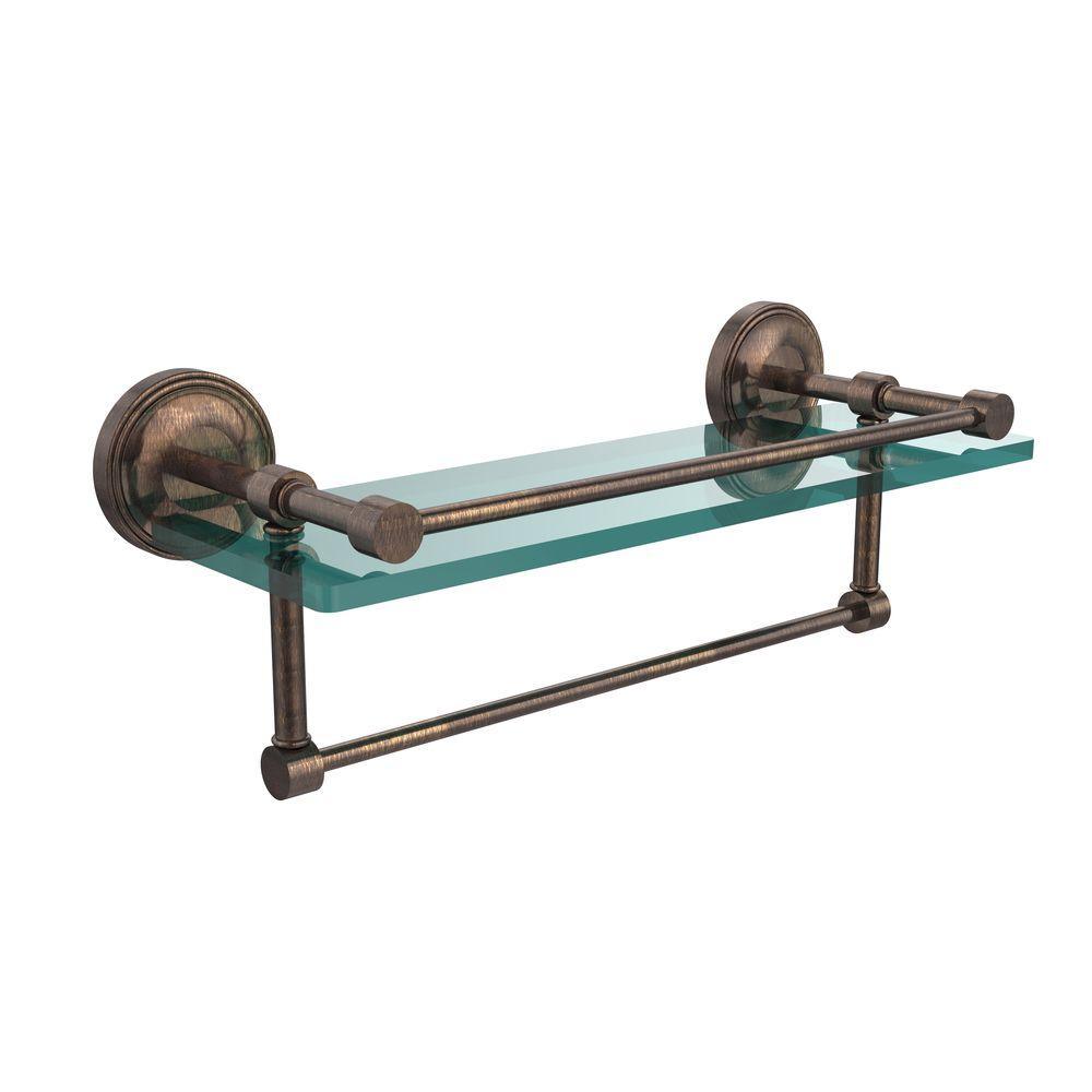 16 in. L  x 5 in. H  x 5 in. W Gallery Clear Glass Bathroom Shelf with Towel Bar in Polished Nickel - Super Arbor