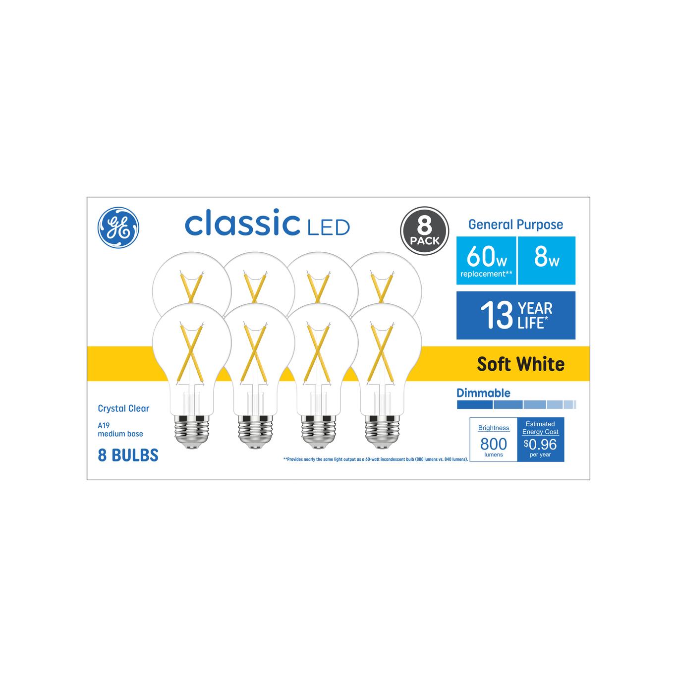 Energy Star Qualified; GE Classic 60-Watt EQ A19 Soft White Dimmable LED Light Bulb (8-Pack)