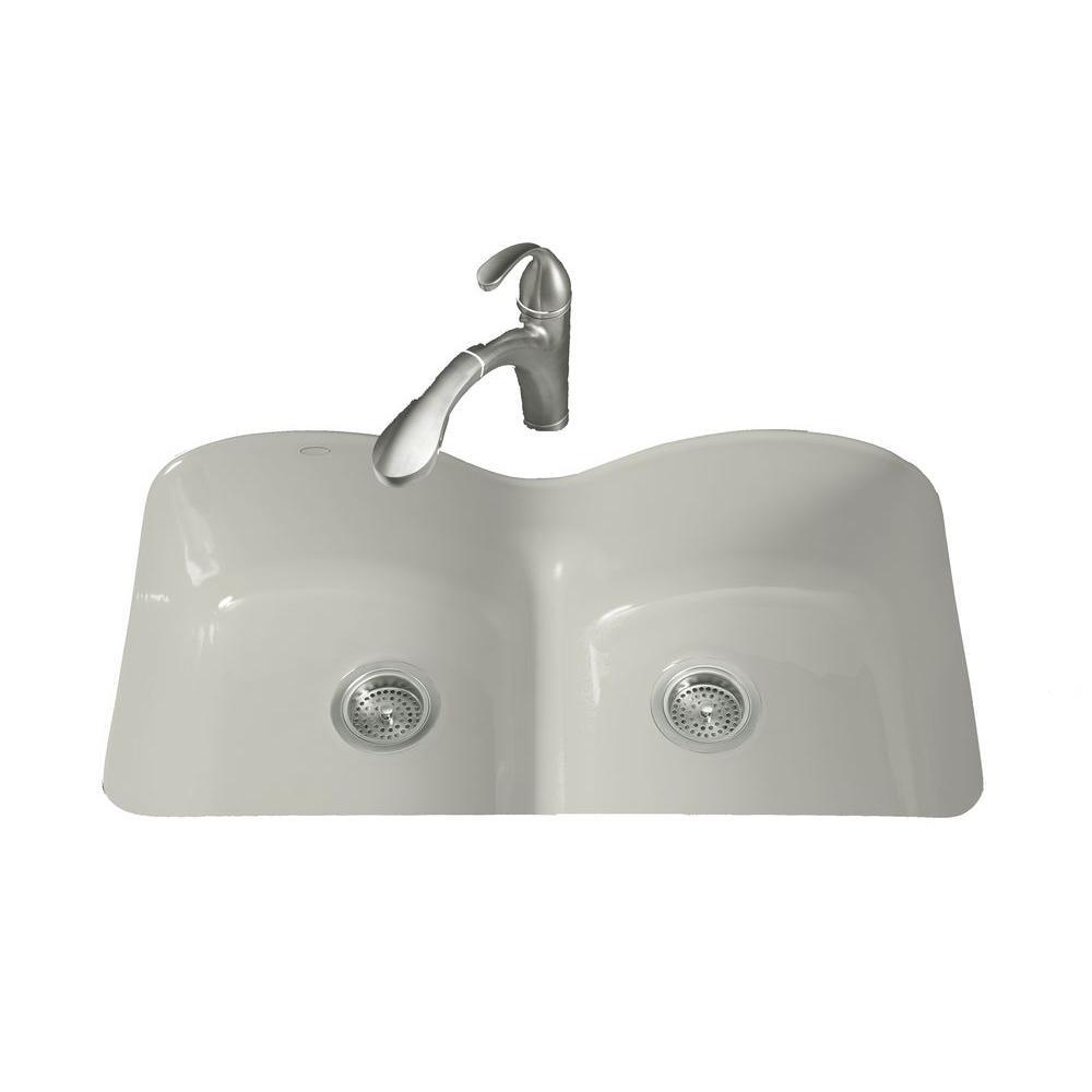 Langlade Smart Divide Undermount Cast Iron 33 in. 6-Hole Double Bowl Kitchen Sink in White - Super Arbor