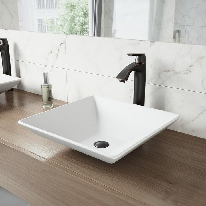 Hibiscus White Matte Stone Vessel Bathroom Sink and Linus Bathroom Vessel Faucet in Antique Rubbed Bronze w/ Pop up - Super Arbor