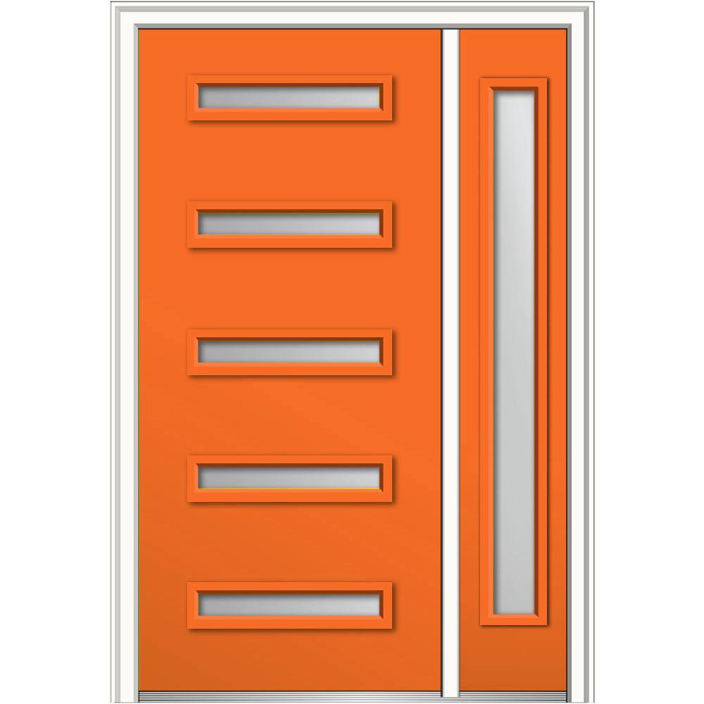 53 in. x 81.75 in. Davina Frosted Glass Left-Hand Inswing 5-Lite Modern Painted Steel Prehung Front Door with Sidelite - Super Arbor