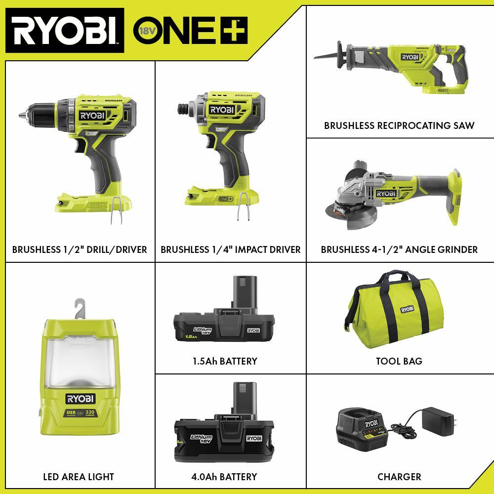 ONE+ 18V Brushless Cordless 5-Tool Combo Kit with (1) 1.5 Ah Battery, (1) 4.0 Ah Battery, Charger, and Bag - Super Arbor