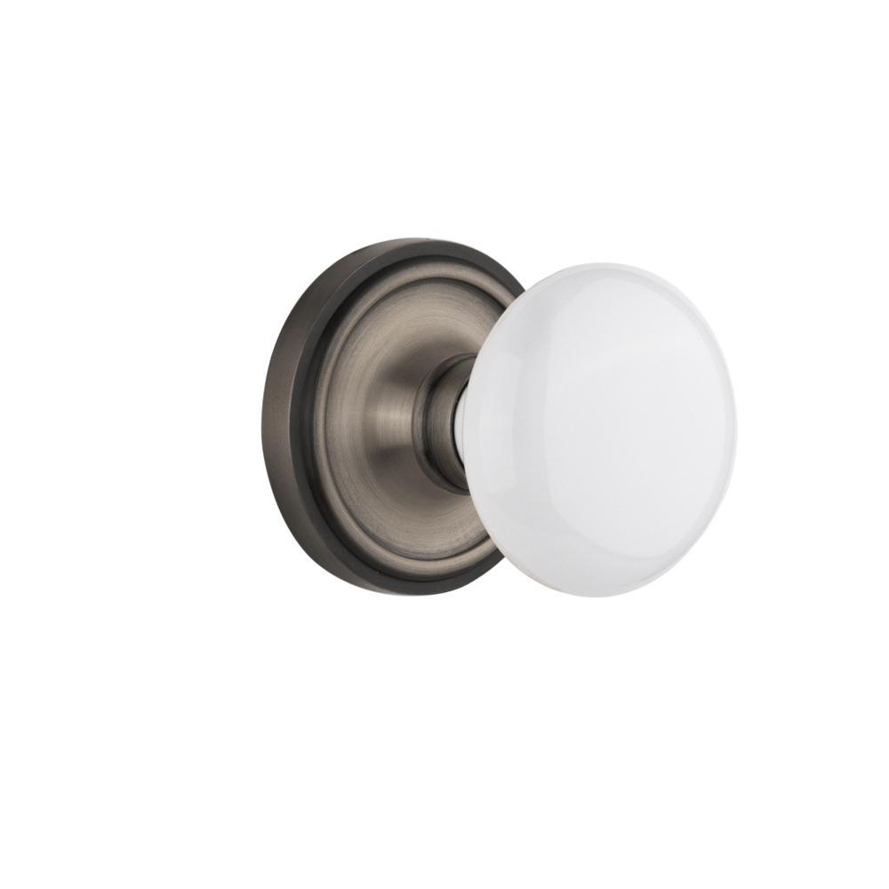 Classic Rosette 2-3/8 in. Backset Timeless Bronze Passage Hall/Closet White Porcelain Door Knob - Super Arbor