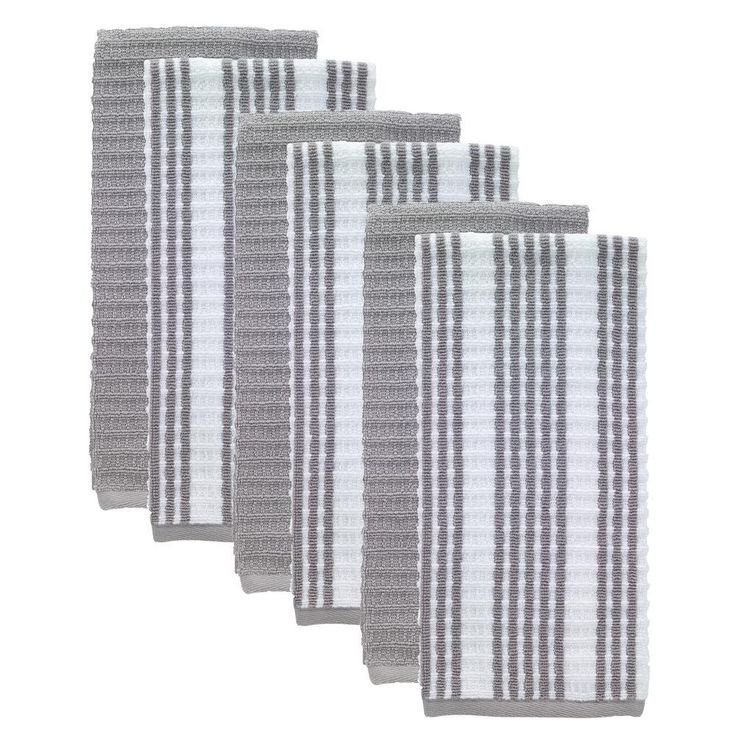 T-Fal Gray Solid and Stripe Waffle Cotton Terry Kitchen Dish Towel (Set of 6)
