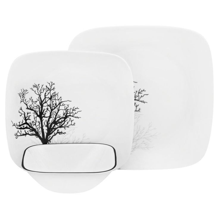 Square 16-Piece Seasonal Black Trees Glass Dinnerware Set (Service for 4)
