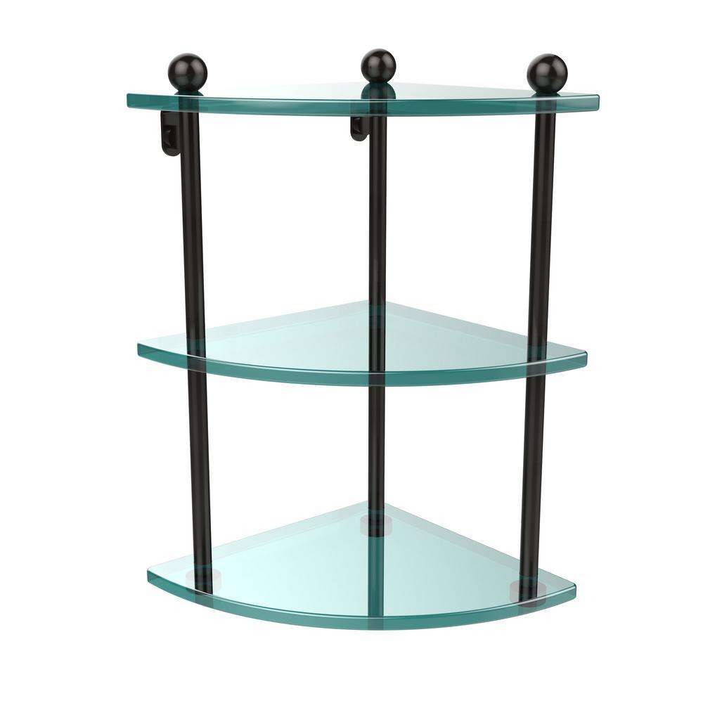 8 in. L  x 15 in. H  x 8 in. W 3-Tier Corner Clear Glass Bathroom Shelf in Satin Nickel - Super Arbor