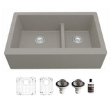 Farmhouse Concrete Apron Front Quartz Composite 34 in. Double Offset Bowl Kitchen Sink kit