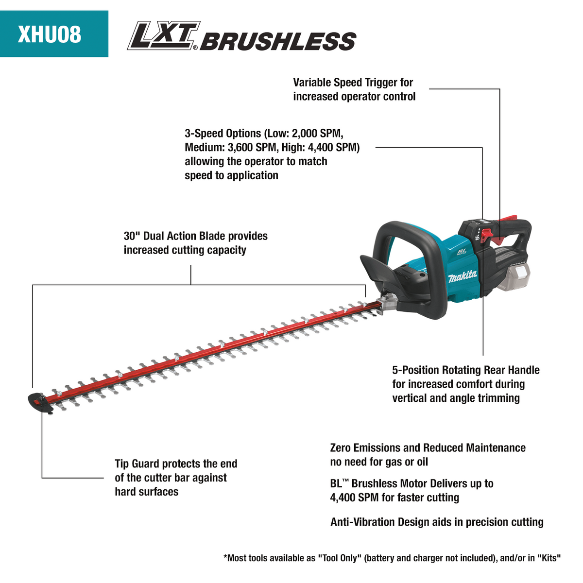 Makita 18V LXT Brushless Cordless 30 in. Hedge Trimmer Kit with 5.0Ah Battery (XHU08T)