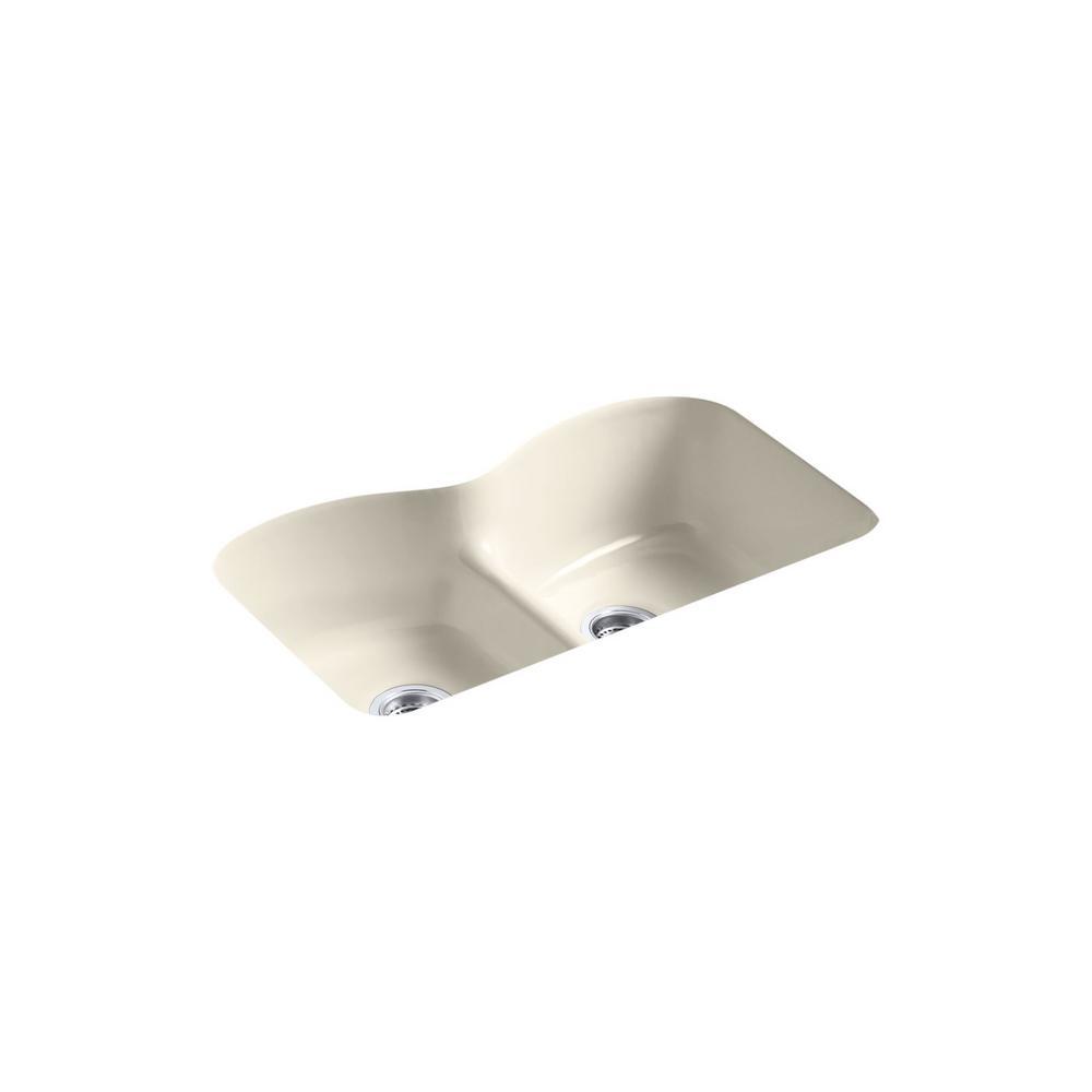 Langlade Smart Divide Undermount Cast Iron 33 in. 6-Hole Double Bowl Kitchen Sink in White - Super Arbor
