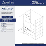 DreamLine Aqua Uno 34 5/16 in. W x 58 in. H Frameless Hinged Tub Door, Brushed Nickel