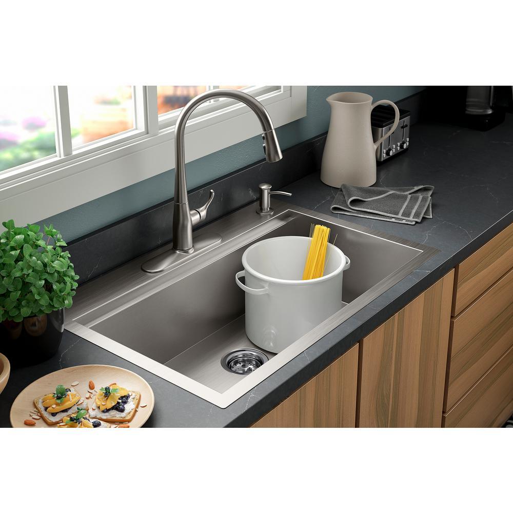 Lyric Dual Mount Workstation Stainless Steel 33 in 4-Hole Single Bowl Kitchen Sink with Integrated Ledge and Accessories - Super Arbor