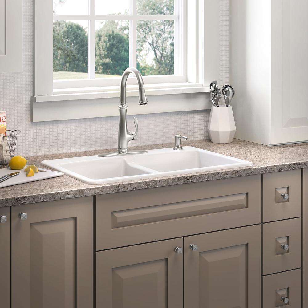 Brookfield Drop-In Cast Iron 33 in. 4-Hole Double Bowl Kitchen Sink in White - Super Arbor