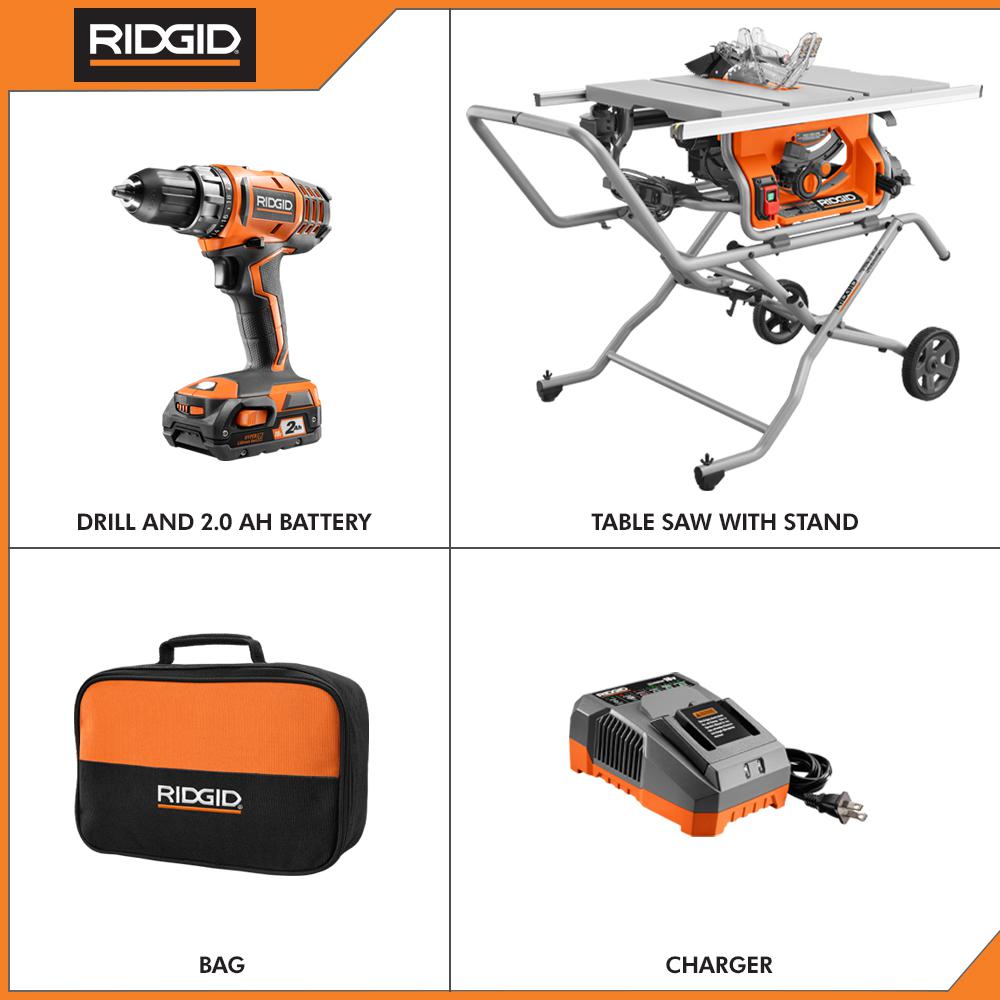 10 in. Pro Jobsite Table Saw with Stand and 18-Volt Cordless Drill/Driver Kit with (1) 2.0 Ah Battery, Charger, Tool Bag - Super Arbor