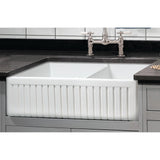 Sutton Place Farmhouse Fireclay 33 in. 55/45 Double Bowl Kitchen Sink with Grid with Grid and Strainer - Super Arbor